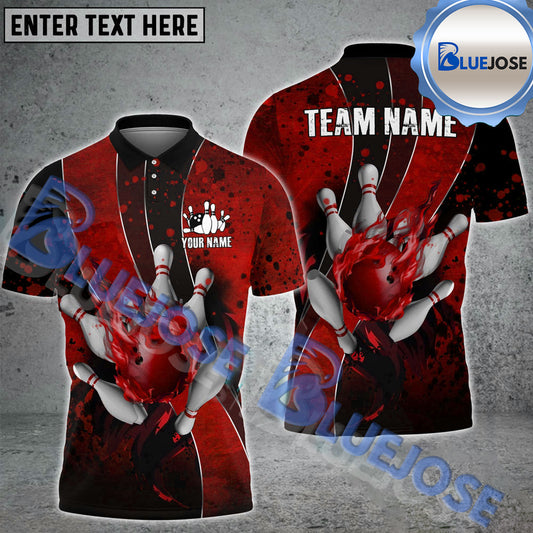 BlueJose Bowling And Pins Curved Silk Flame Customized Name 3D Shirt (4 Colors)
