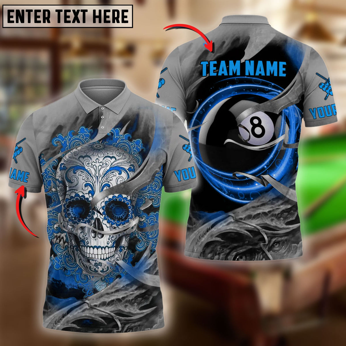 BlueJose Billiards Ball 8 Sugar Skull Personalized Name &amp; Team Name Shirt (4 Colors)