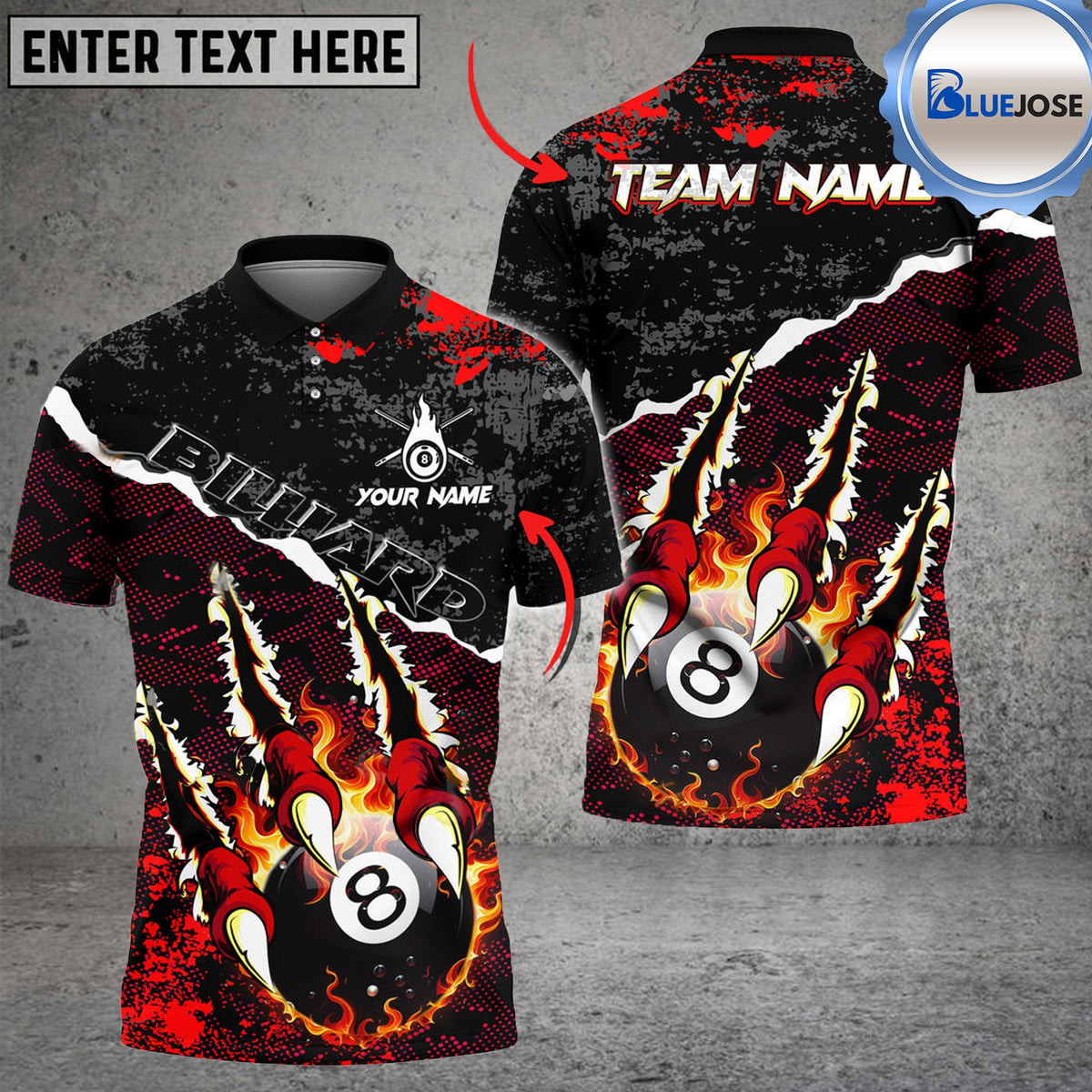 BlueJose Billiards Ball 8 Monster Hand Pro Personalized Name &amp; Team Name Shirt (4 Colors)