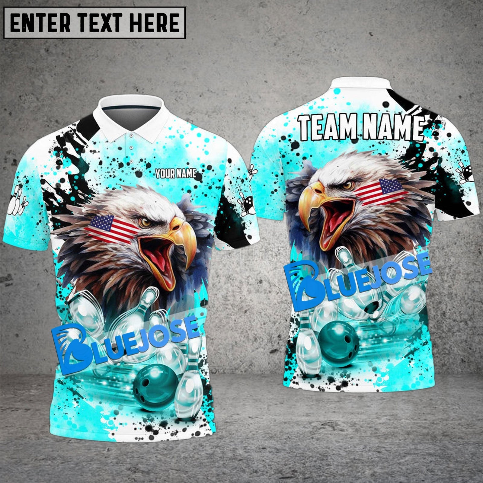 BlueJose Bowling And Pins Eagle American Flag Paint Pattern Customized Name Shirt (4 Colors)