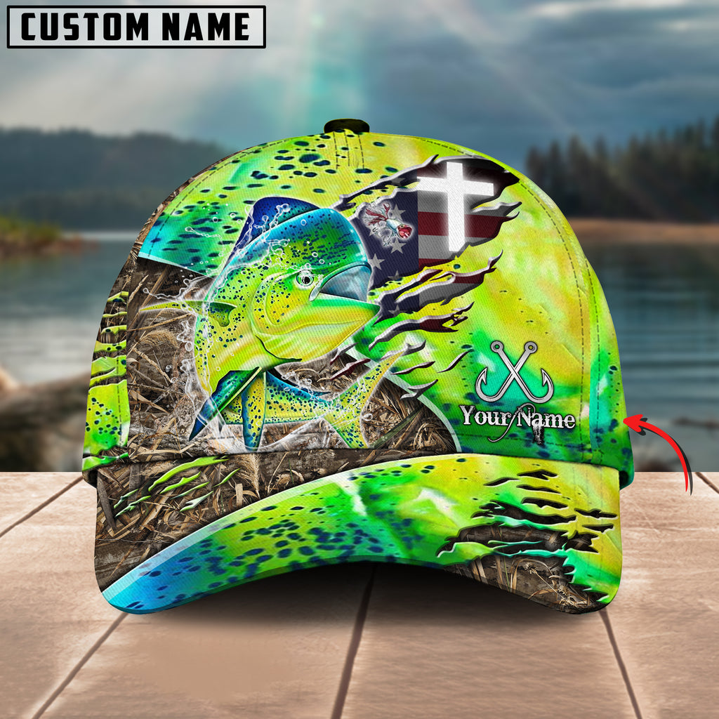 Bluejose Mahi-Mahi Fishing American Flag &amp; Cross Design with Camo Personalized Cap