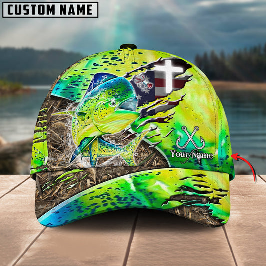 Bluejose Mahi-Mahi Fishing American Flag & Cross Design with Camo Personalized Cap
