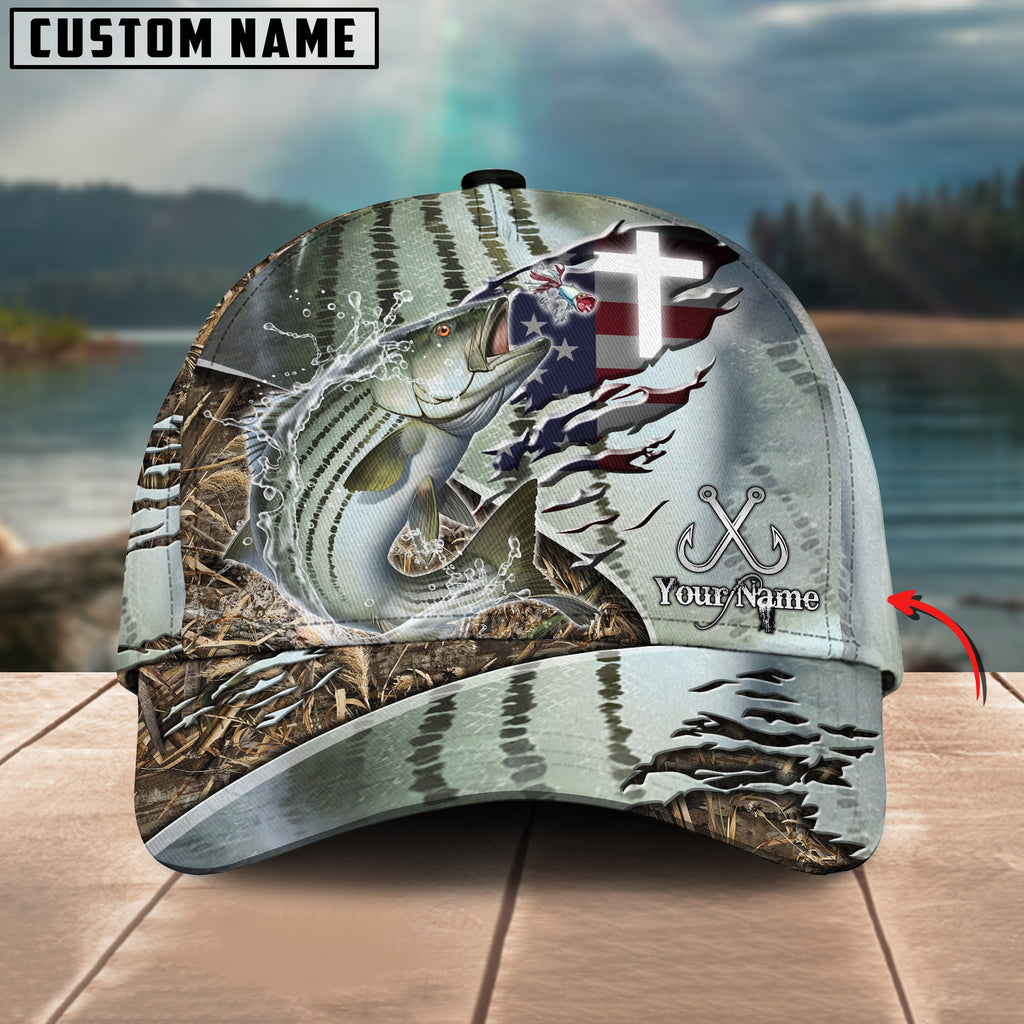 Bluejose Stripped Bass Fishing American Flag &amp; Cross Design with Camo Personalized Cap