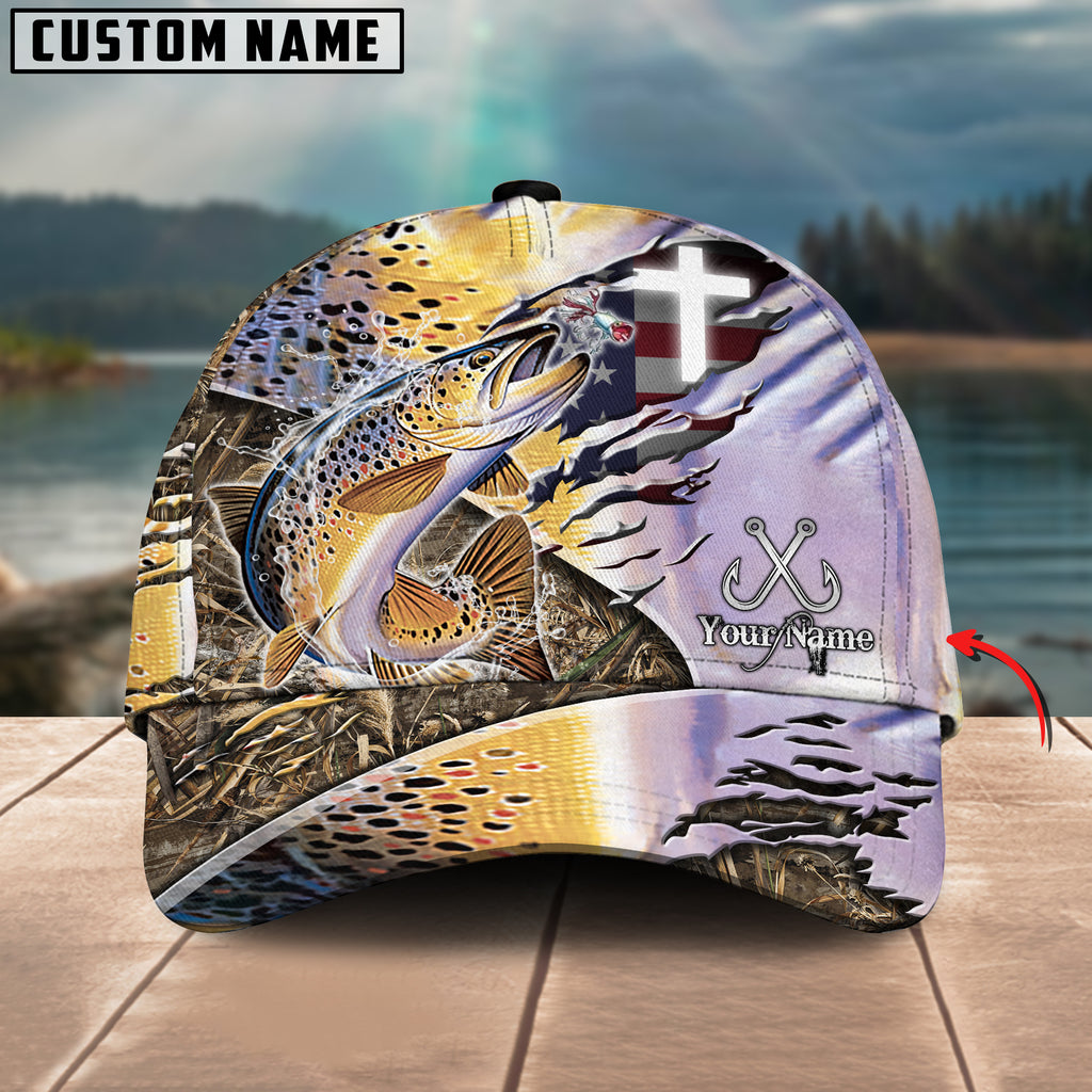Bluejose Trout Fishing American Flag &amp; Cross Design with Camo Personalized Cap