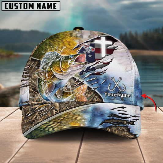 Bluejose Walleye Fishing American Flag & Cross Design with Camo Personalized Cap