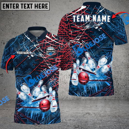 BlueJoses Bowling And Pins Blue And Red Line Customized Name, Team Name 3D Shirt