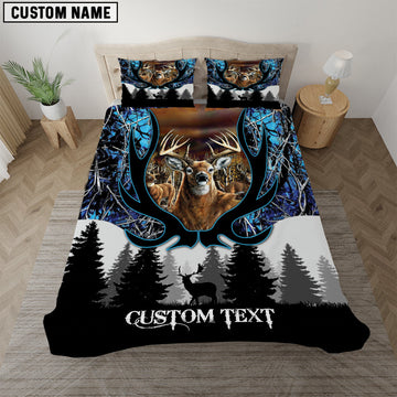 Bluejose Custom Text Blue Deer Hunting Antler Pattern Bedding Set 3D All Over Printed