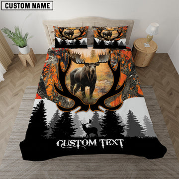 Bluejose Custom Text Orange Moose Hunting Antler Pattern Bedding Set 3D All Over Printed