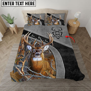 Bluejose Custom Text Gray Deer Hunting Leather Pattern Bedding Set 3D All Over Printed