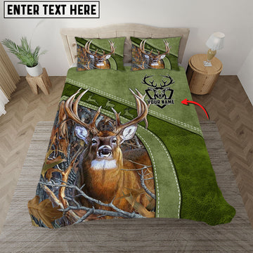 Bluejose Custom Text Moss Green Deer Hunting Leather Pattern Bedding Set 3D All Over Printed