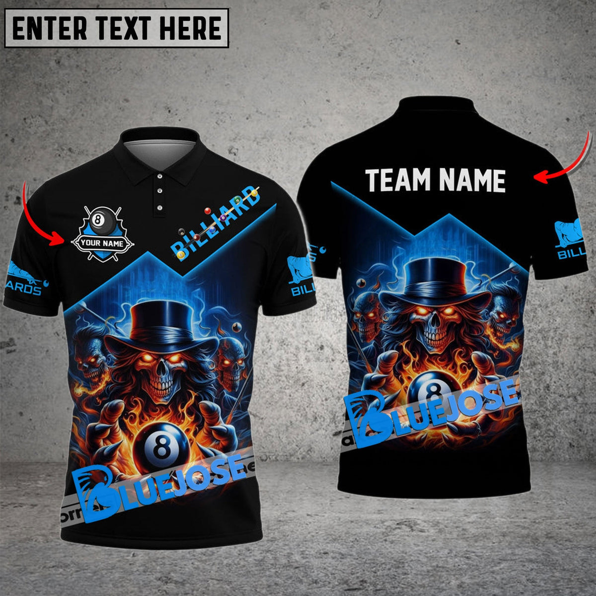 BlueJose Billiards 8 Ball Hands Of Skull Flame Personalized Name, Team Name Shirt (4 Colors)