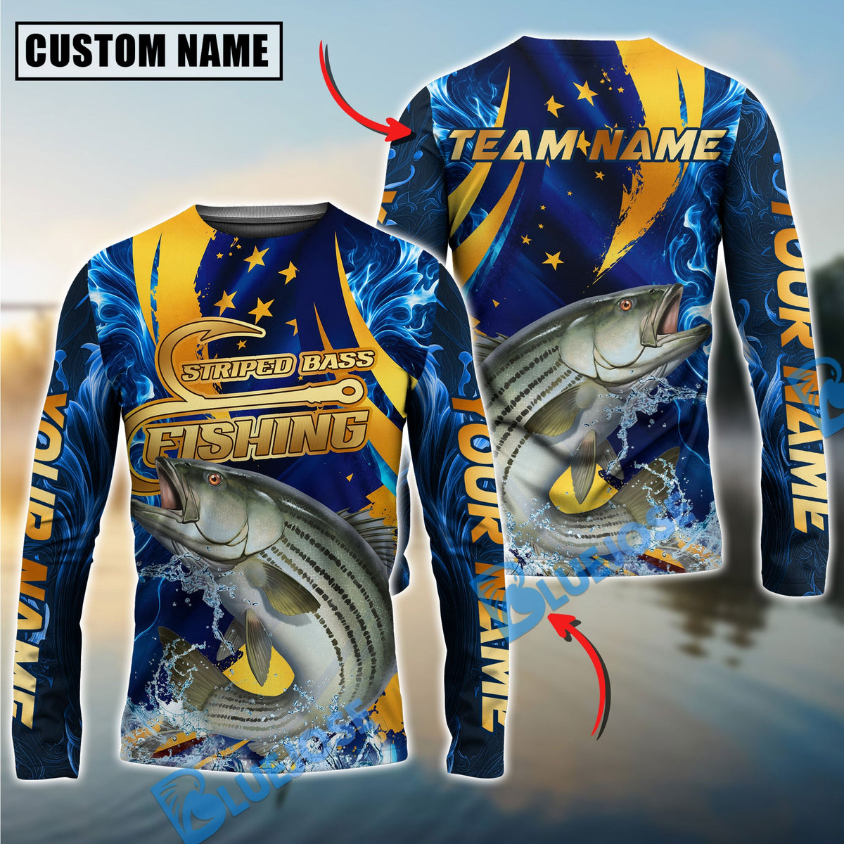 Bluejose Fishing Blue Flame Golden American Flag Custom Name &amp; Team Name 3D Shirts (12 Breeds)