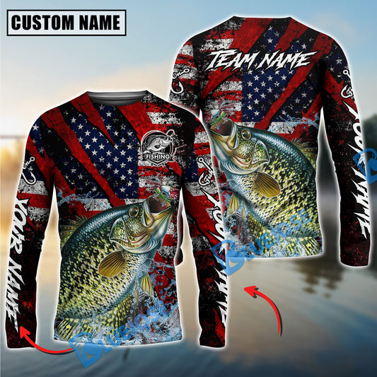 Bluejose Crappie Fishing American Flag Grunge Red Scratch Custom Name & Team Name 3D Shirts