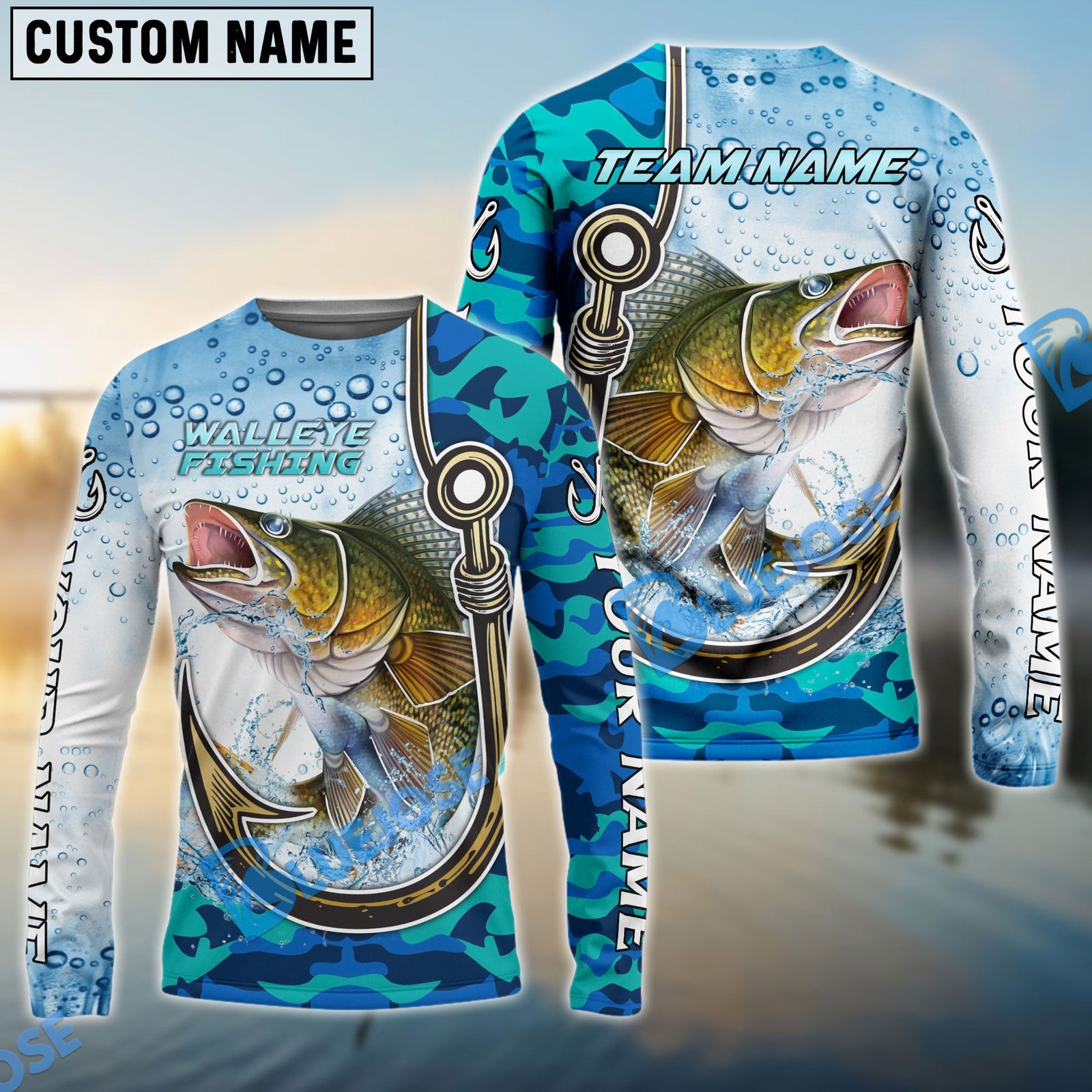 Bluejose Walleye Fishing Hook Blue Camo Water Splash Custom Name & Team Name 3D Shirts
