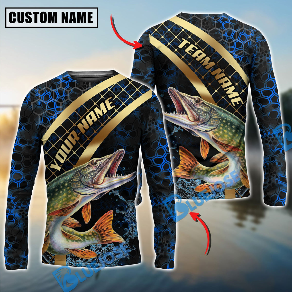 Bluejose Fishing Blue Gold Honeycomb Water Custom Name &amp; Team Name 3D Shirts (12 Breeds)