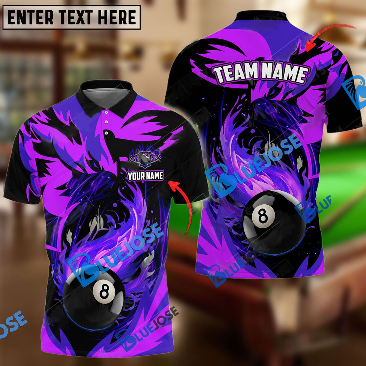 BlueJose Billiards Fire Phoenix Personalized Name, Team Name Unisex Shirt (6 Colors)