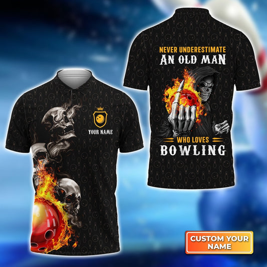 BlueJose Bowling Skull Never Underestimate An Old Man Who Loves Bowling Customized Name 3D Shirt
