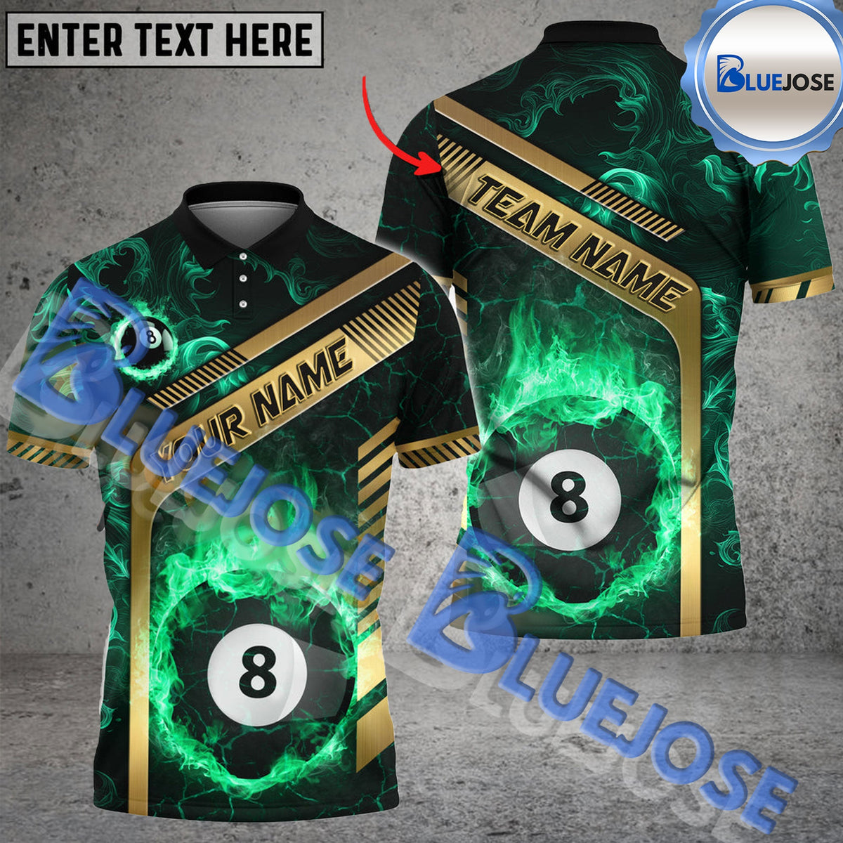 BlueJose Billiards Ball 8 Flame Golden Line Premium Personalized Name Shirt (4 Colors)