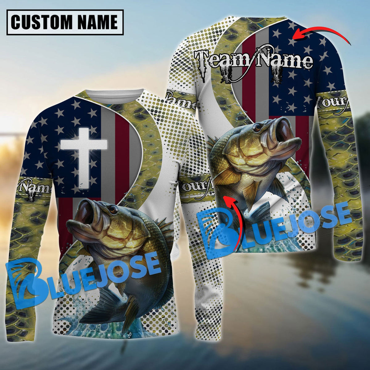 BlueJose Bass Fishing Cross America Flag Skin Pattern Custom Name &amp; Team Name Shirts