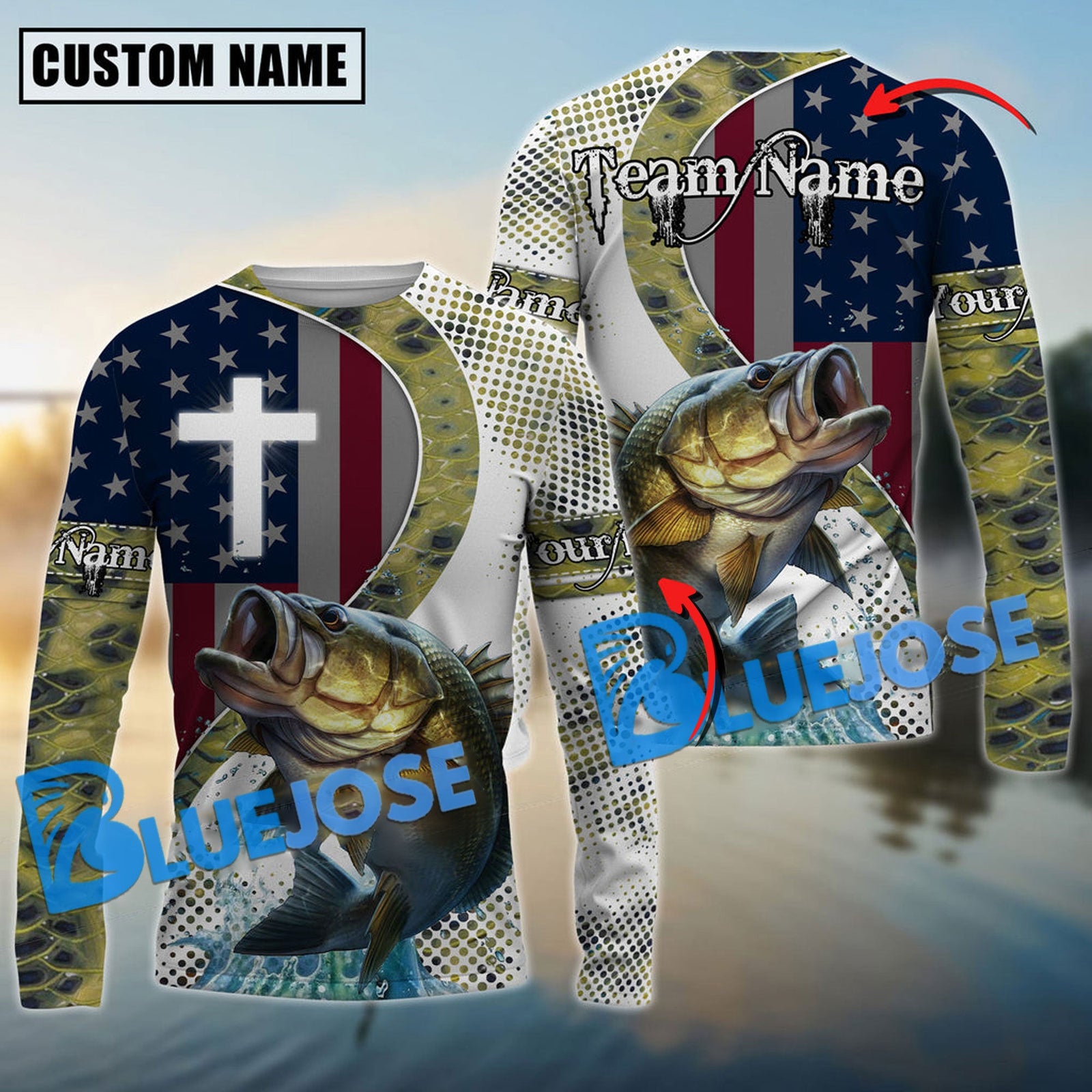 BlueJose Bass Fishing Cross America Flag Skin Pattern Custom Name & Team Name Shirts