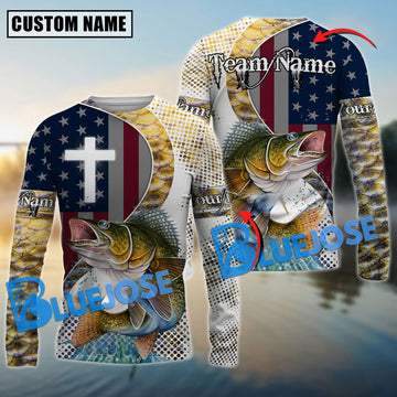 BlueJose Walleye Fishing Cross America Flag Skin Pattern Custom Name & Team Name Shirts