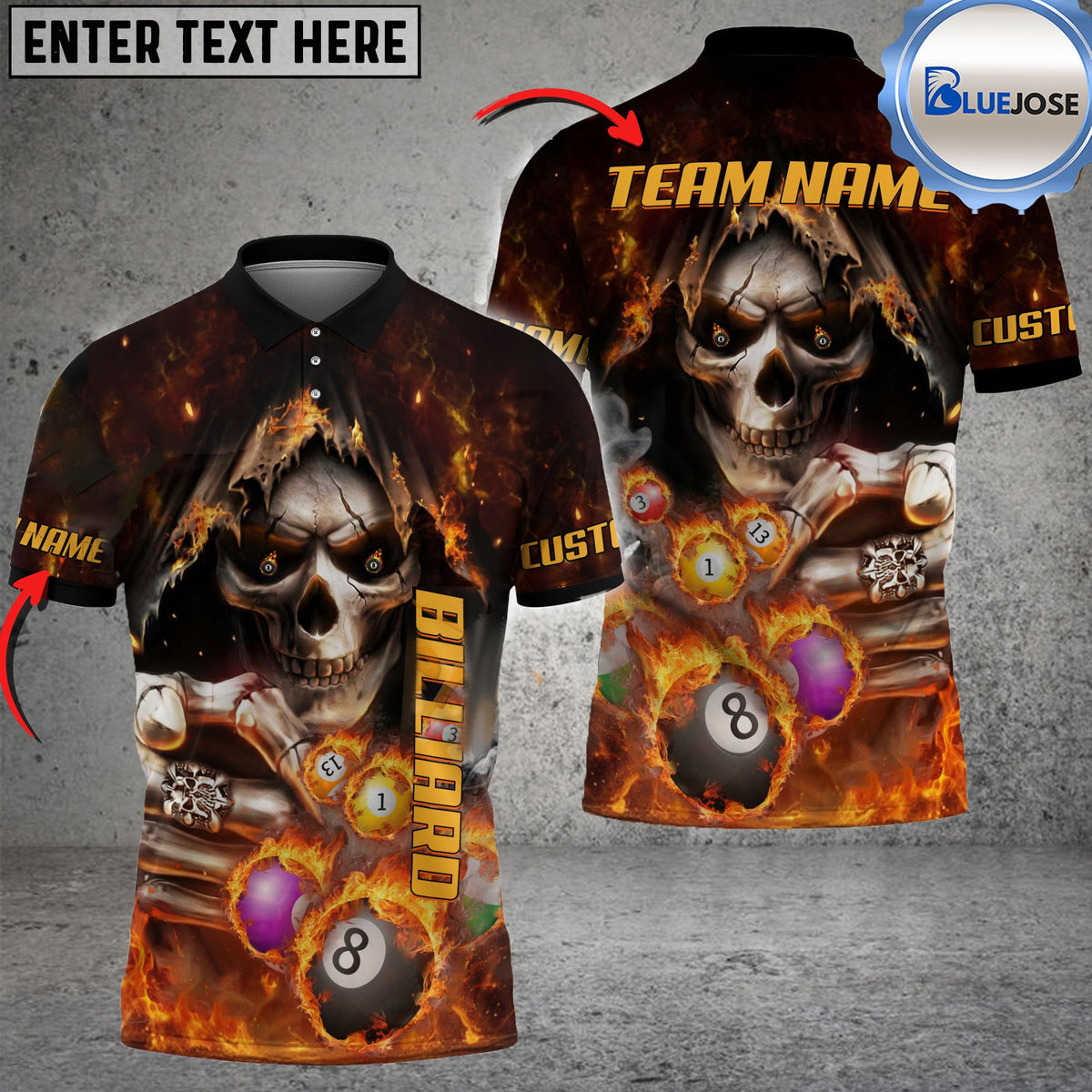 BlueJose Billiards Ball 8 Flame Pointing Reaper Personalized Name &amp; Team Name Shirt (4 Colors)