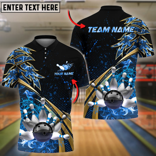 BlueJoses Bowling And Pins  Flame Premium Golden Line Customized Name 3D Shirt ( 6 Colors)