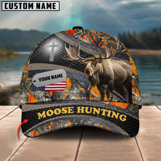 BlueJose Moose Hunting Cross With USA Flag Name Tag Camo Pattern Multicolor Personalized Cap