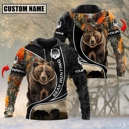 BlueJose Customized Name Orange Camo Pattern Bear Hunting 3D Shirt