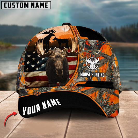 BlueJose Moose Hunting American Flag Pattern Multicolor Personalized Name 3D Cap (4 colors)