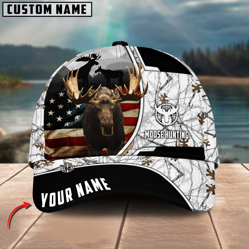 BlueJose Moose Hunting American Flag Pattern Multicolor Personalized Name 3D Cap (4 colors)