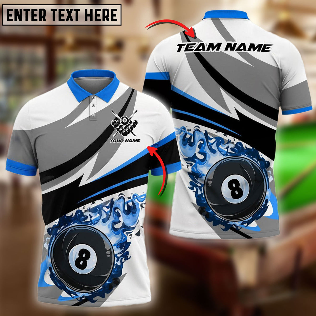 BlueJose Billiards Ball 8 Fire Wind Pattern Personalized Name &amp; Team Name Shirt (4 Colors)