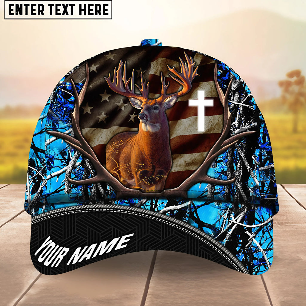 BlueJose Deer Hunting USA Flag Cross Jesus Personalized Cap 3D Printed Multicolor (6 colors)