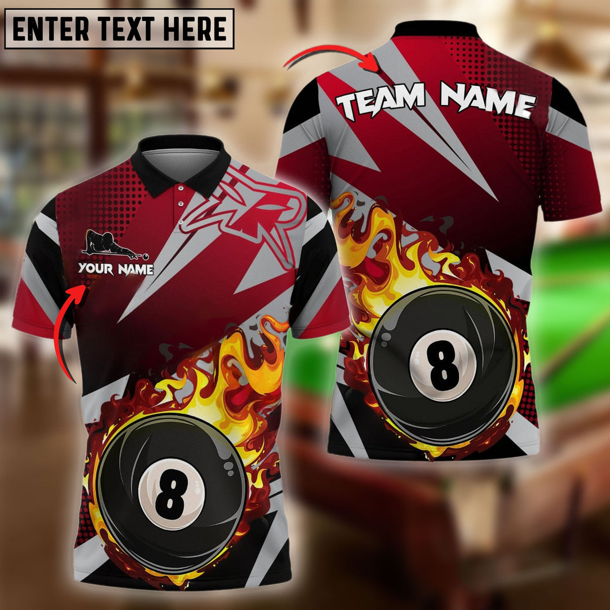 BlueJose Billiards Ball 8 Fire Pattern Personalized Name &amp; Team Name Shirt (4 Colors)