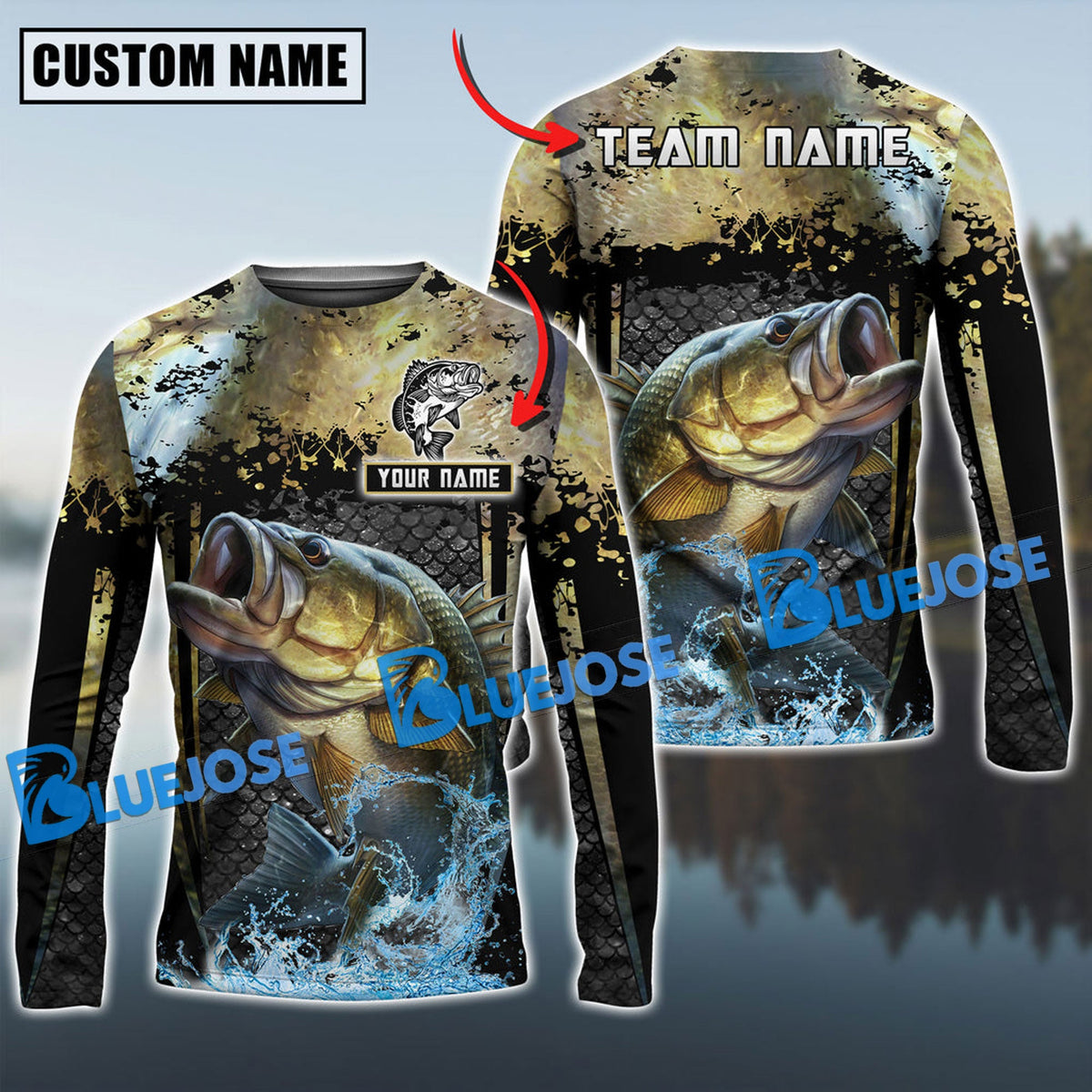 Bluejose Bass Fishing Skinfish Trophy Fish Pattern Custom Name &amp; Team Name 3D Shirts