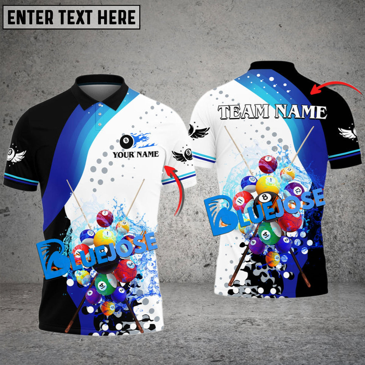 BlueJose Billiards Ball 8 Water Flow Ball Personalized Name &amp; Team Name Shirt (4 Colors)