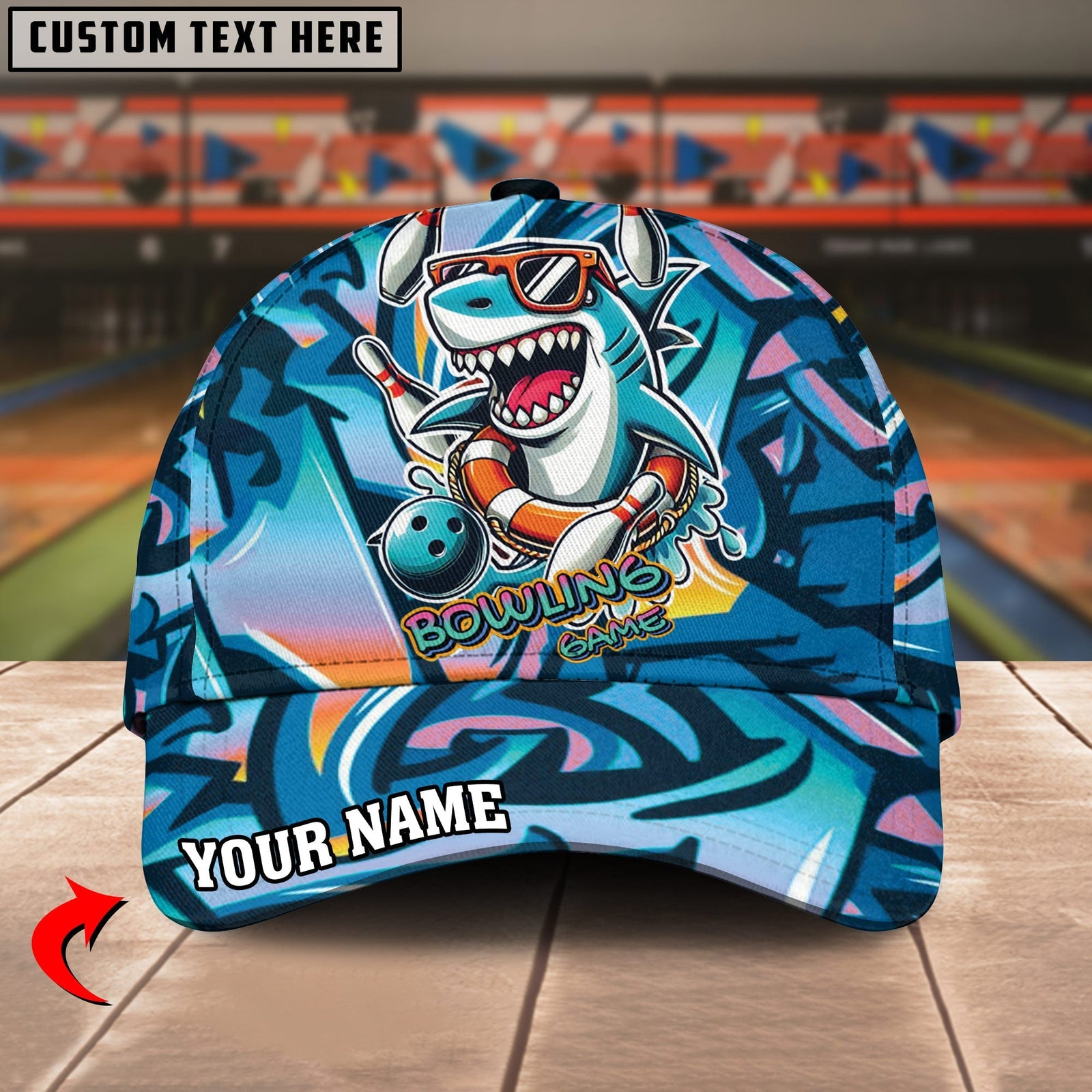 BlueJoses Bowling And Pins Funny Shark Graffiti Pattern Personalized Name Cap