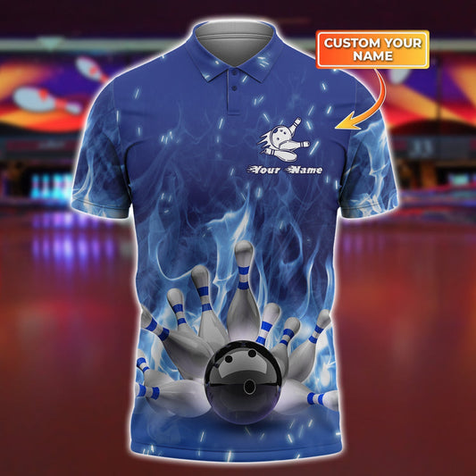 BlueJoses Bowling On Blue Fire Personalized Name 3D Shirt, Personalized Shirts For Bowling Players