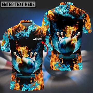 BlueJoses Blue Bowling Ball And Pins On Fire Customized Name 3D Shirt