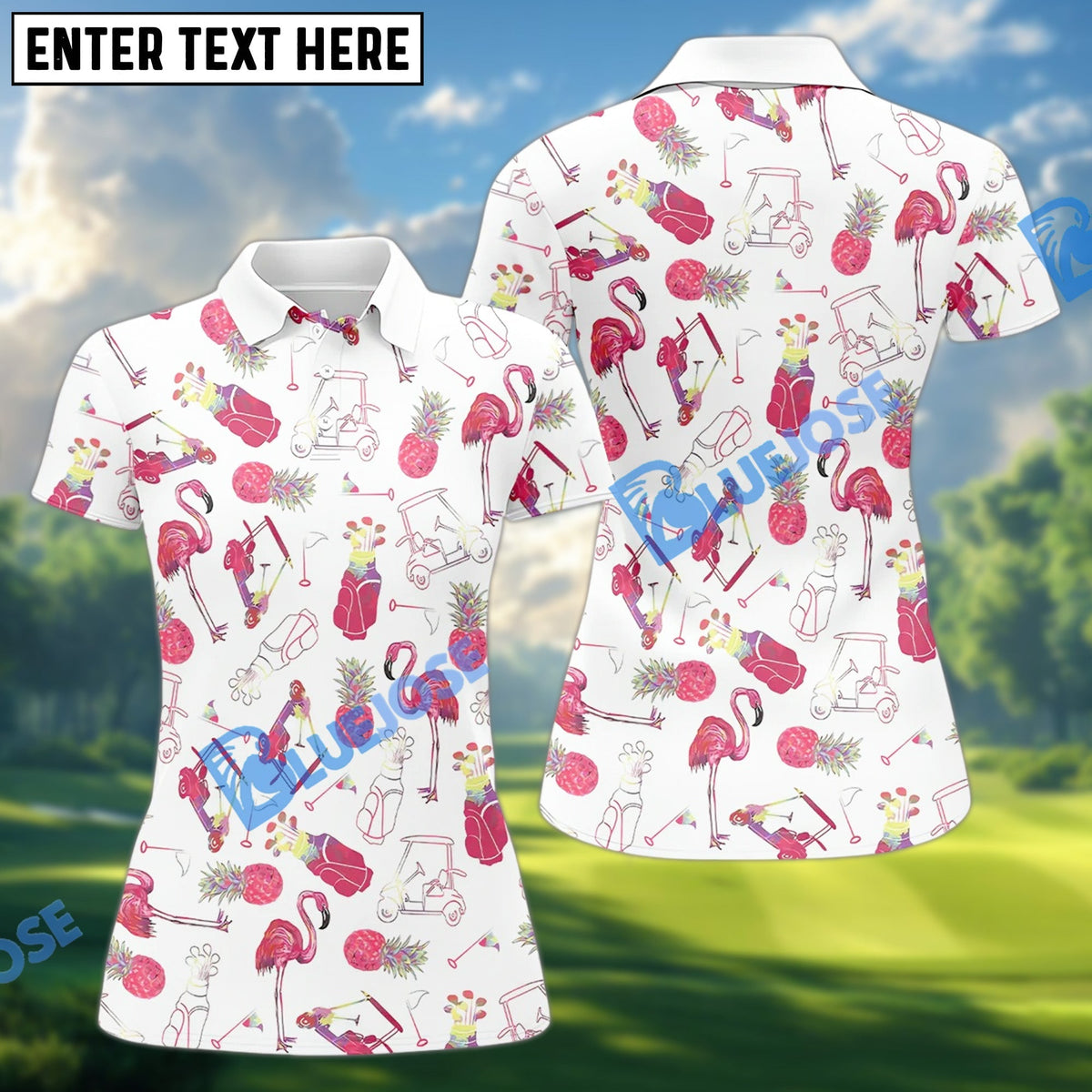BlueJose Fun Flamingo Golf Women‚Äôs Polo Shirt, Custom Name &amp; Team Name 3D Shirt