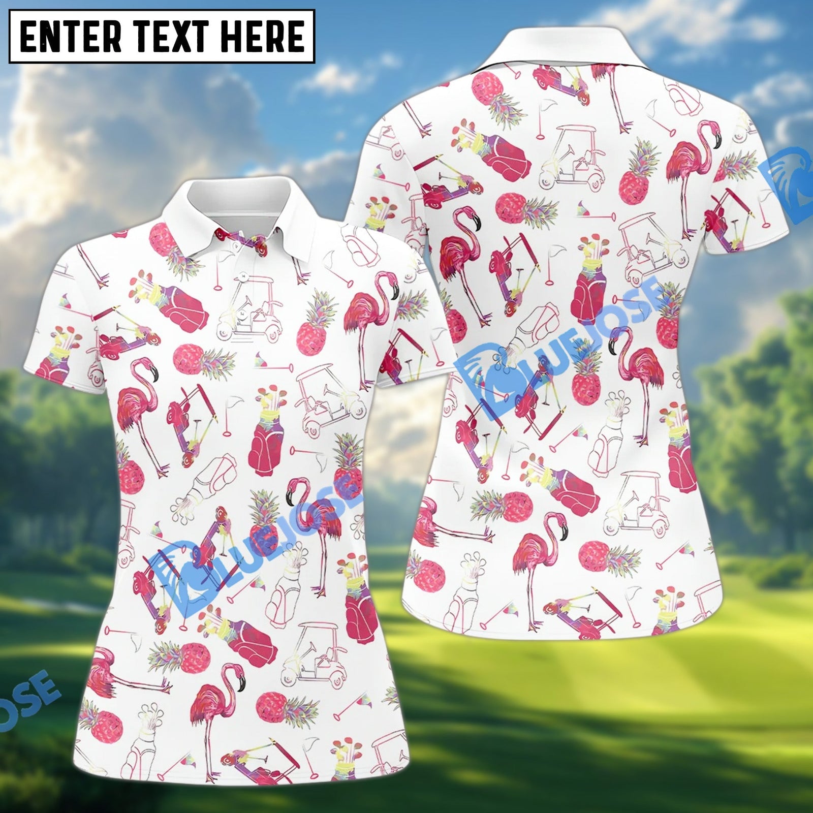 BlueJose Fun Flamingo Golf Women‚Äôs Polo Shirt, Custom Name & Team Name 3D Shirt