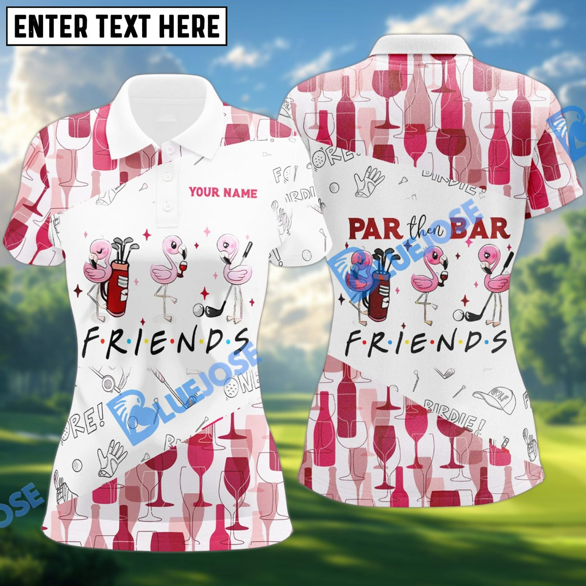BlueJose Wine &amp; Golf Flamingo Polo Shirt, Custom Name &amp; Team Name 3D Shirt