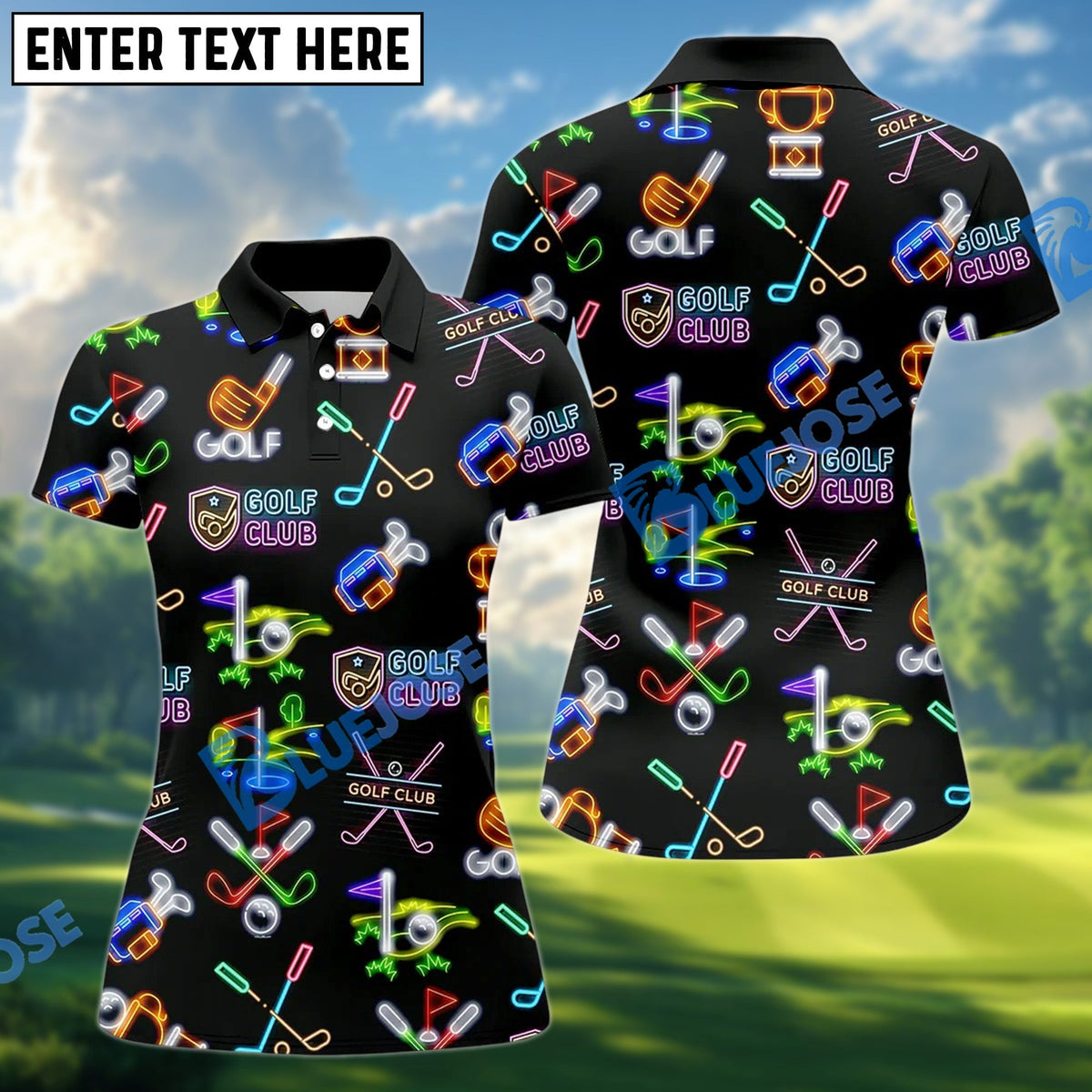 BlueJose Neon Golf Club Icons Pattern Polo Shirt, Custom Name &amp; Team Name 3D Shirt