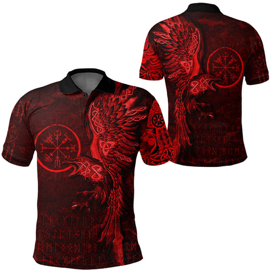 BlueJose VikingStyle Clothing - Vegvisir With Raven - Viking Compass Polo Shirt - Red Version