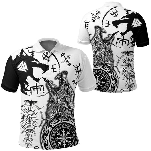 BlueJose Viking Style - Viking Wolf Fenrir Skoll and Hati White Polo-Shirt