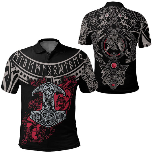 BlueJose Viking Style - Mjolnir and Fenrir Tattoo Mix Ruby Red Polo-Shirt