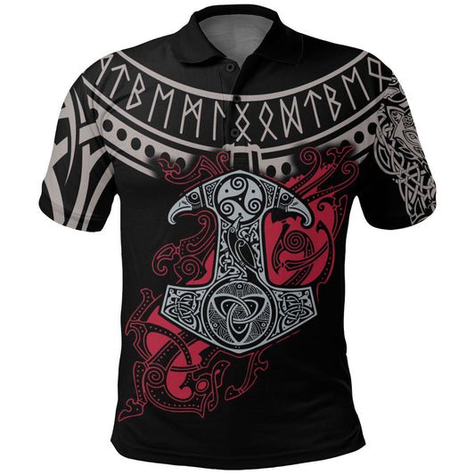 BlueJose Viking Style - Mjolnir and Fenrir Tattoo Mix Ruby Red Polo-Shirt