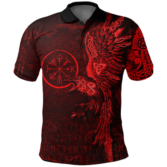 BlueJose VikingStyle Clothing - Vegvisir With Raven - Viking Compass Polo Shirt - Red Version