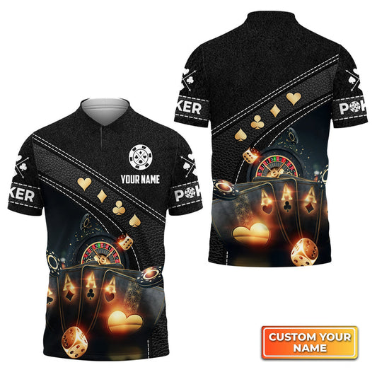 BlueJose Poker Quad Aces Black Leather Personalized Name 3D Polo Shirt