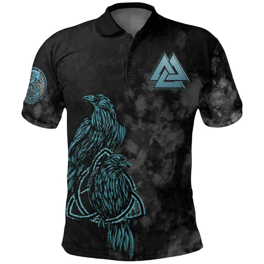 BlueJose Viking Style Polo Shirts - Viking Wolf - Raven of Odin Cyan